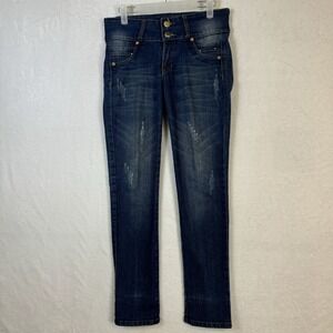 Womens High Waist Distressed Embellished Jeans Blue Skinny Leg Size 10